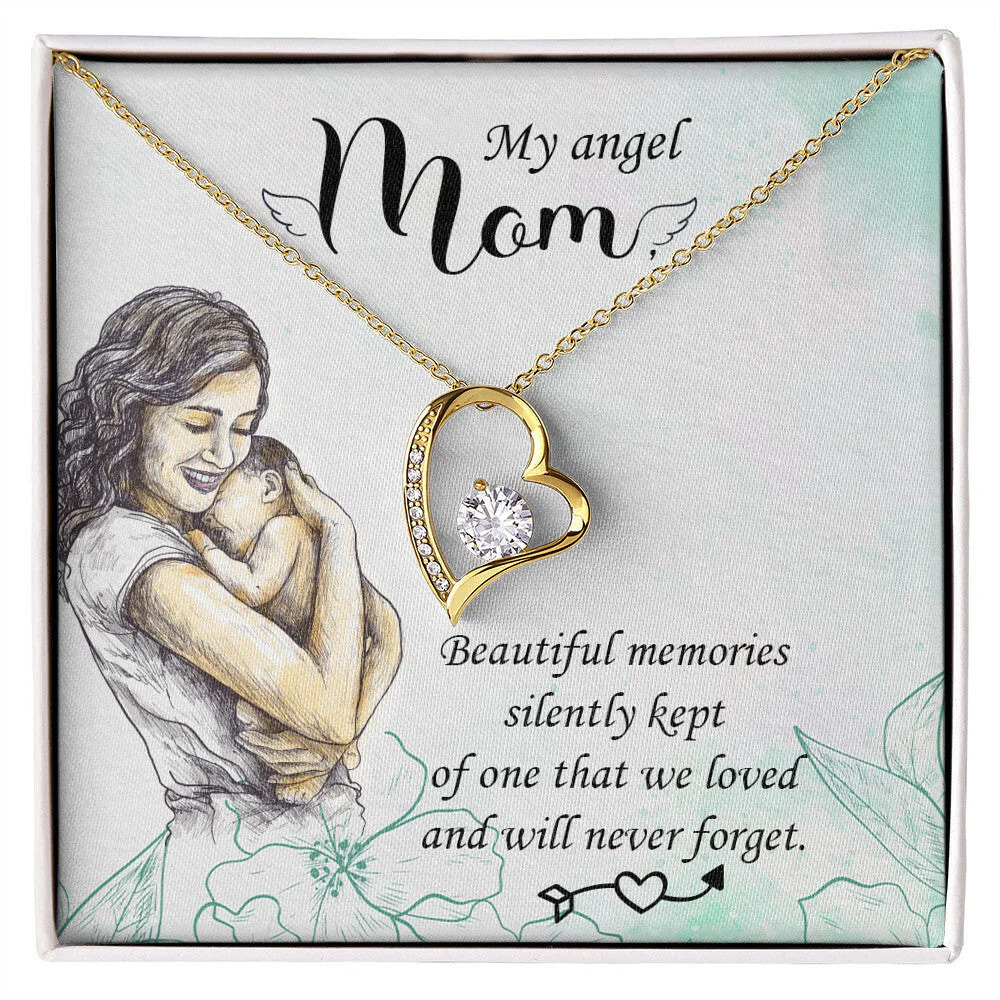 Mom Beautiful Memories Forever Love CZ Heart Necklace White Gold Luxury Box